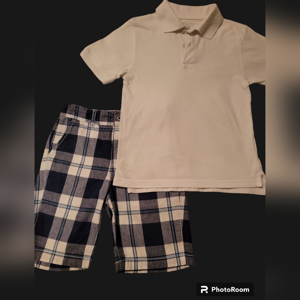 Boys Size 6 White Polo Shirt and Blue and White Plaid Shorts Set